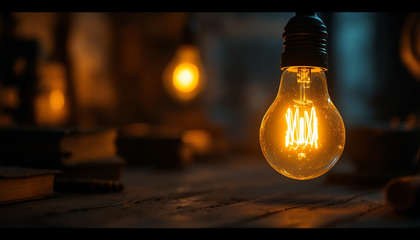 A photograph of a vintage-style light bulb glowing warmly in a dimly lit environment
