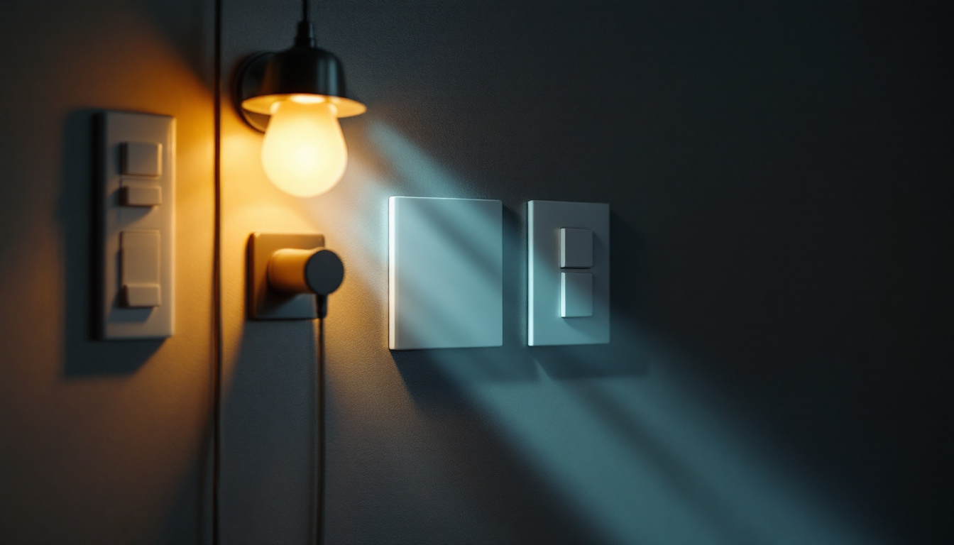 A photograph of a well-lit interior scene featuring various types of light switches in use