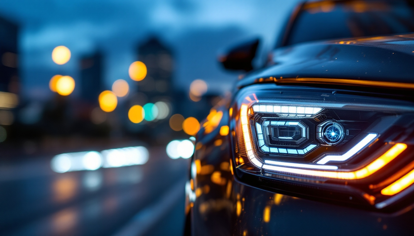 A photograph of a close-up shot of a modern vehicle's parking light illuminated at dusk