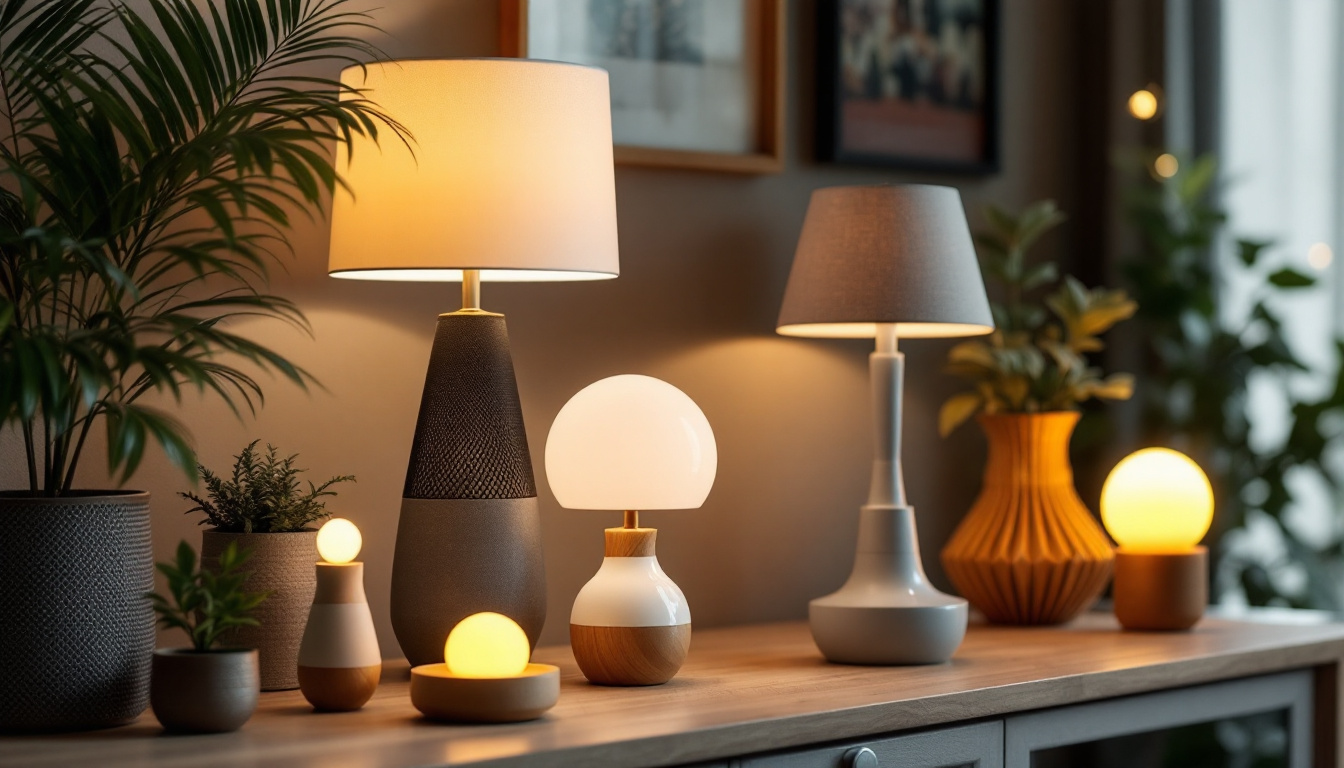 A photograph of a stylish arrangement of various small lamps showcasing different types of light bases