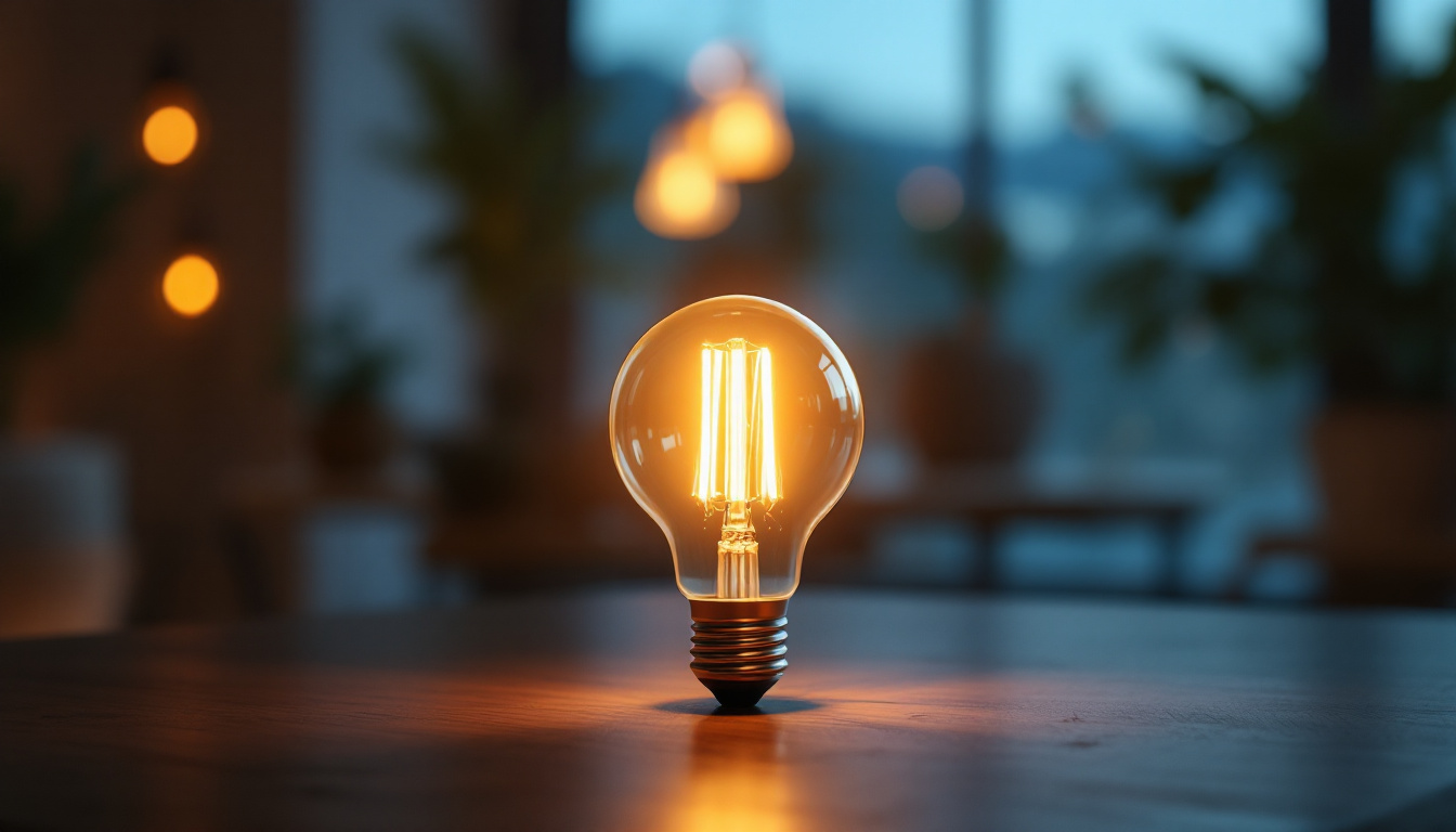 A photograph of a t8 bulb illuminated in a stylish setting