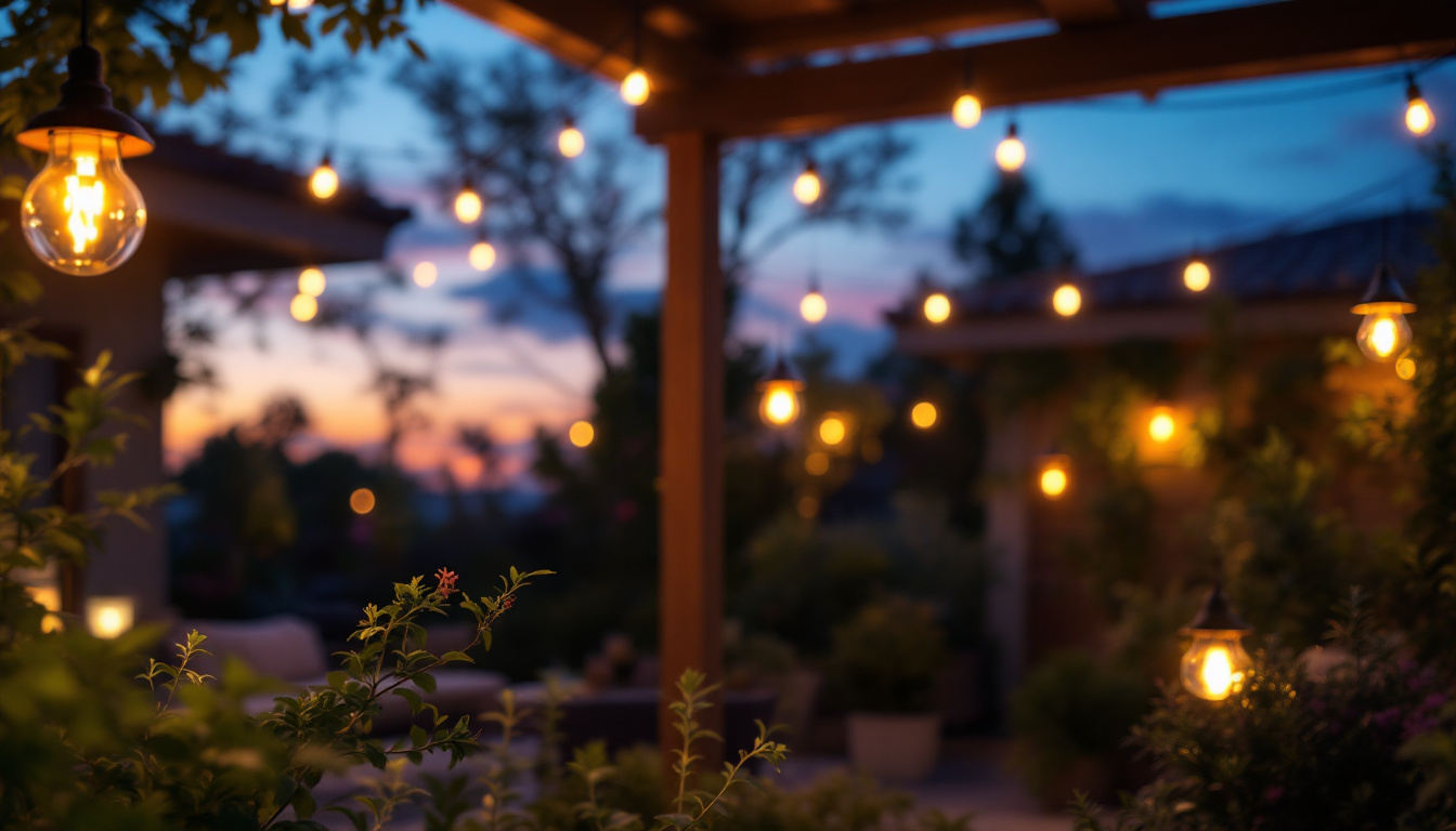 A photograph of capture a photograph of beautifully designed outdoor light fixtures illuminating a stylish patio or garden setting during twilight
