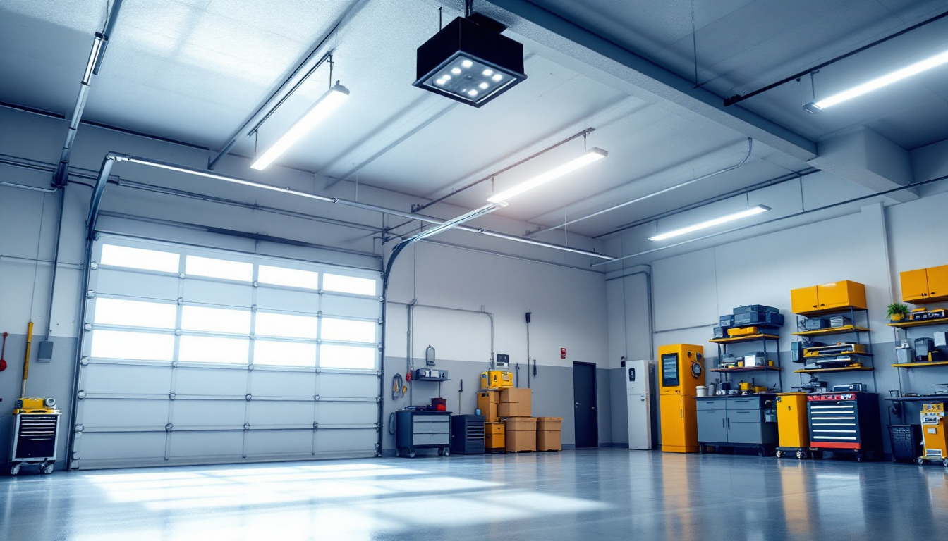 A photograph of a well-lit garage interior showcasing modern led ceiling lights in use