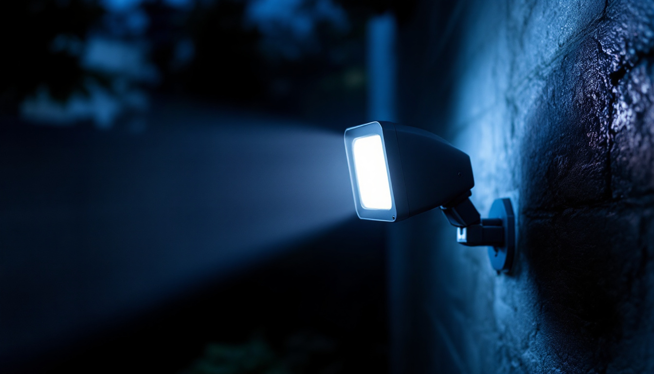 A photograph of a 120v security flood light illuminating a dark outdoor space
