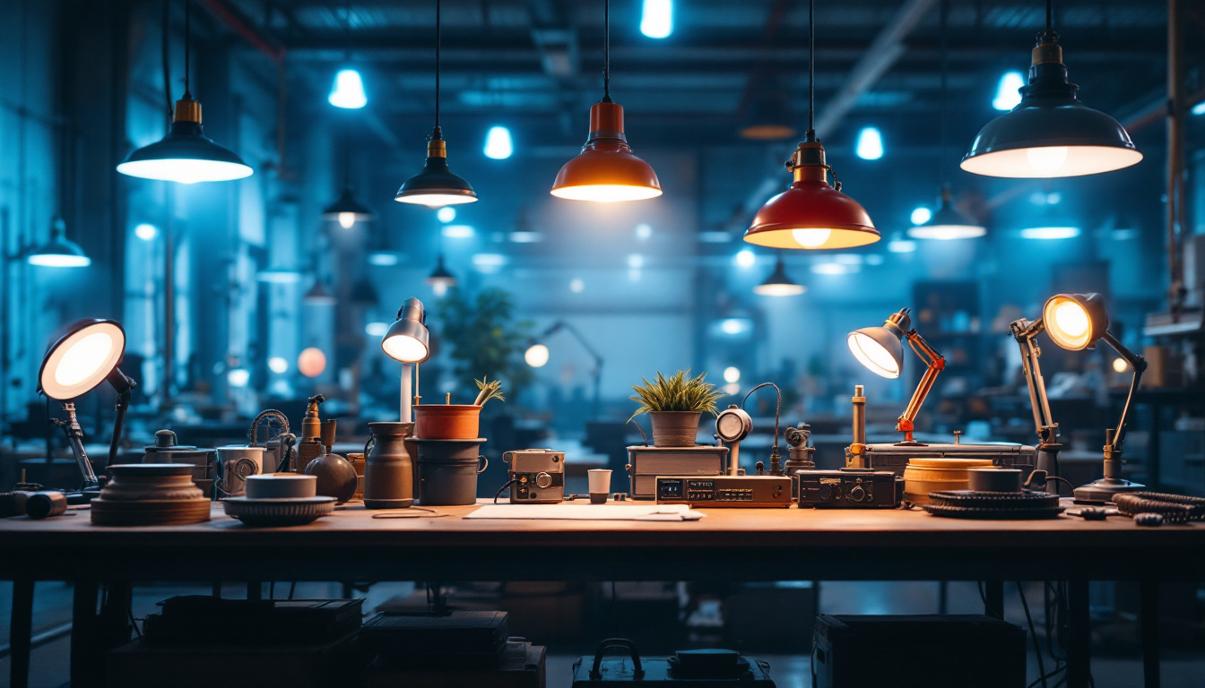 A photograph of capture a photograph of a well-lit industrial space showcasing various types of light fixtures in use