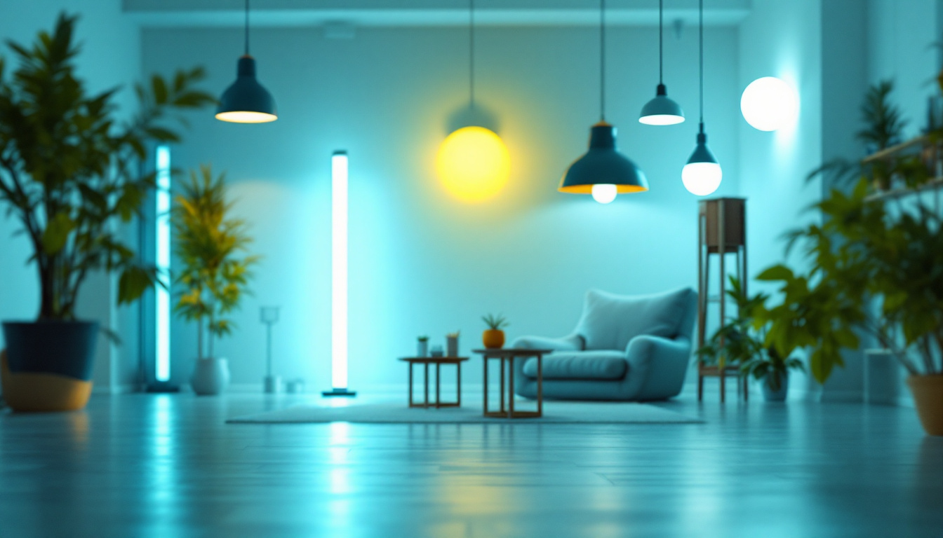 A photograph of a brightly lit room featuring various fluorescent lamps in use