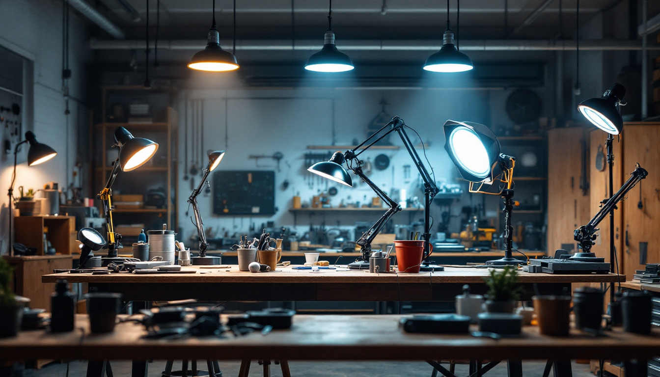 A photograph of a well-lit workshop scene showcasing various led workshop lights in use