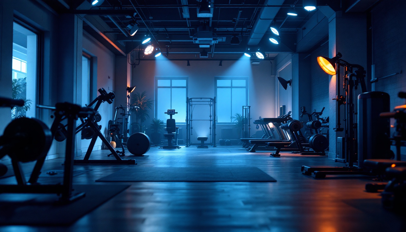 A photograph of a well-lit gym interior showcasing various lighting setups