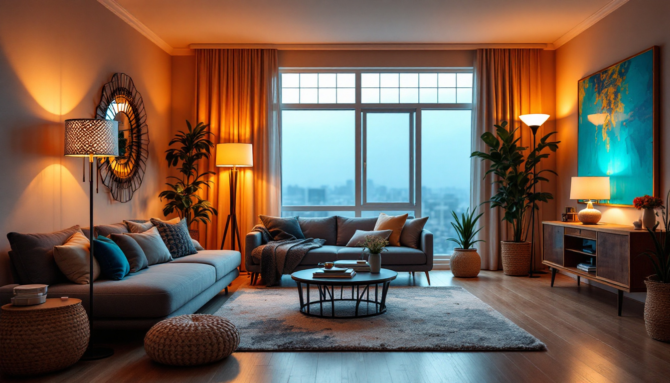A photograph of a beautifully lit living room showcasing various types of home lighting fixtures