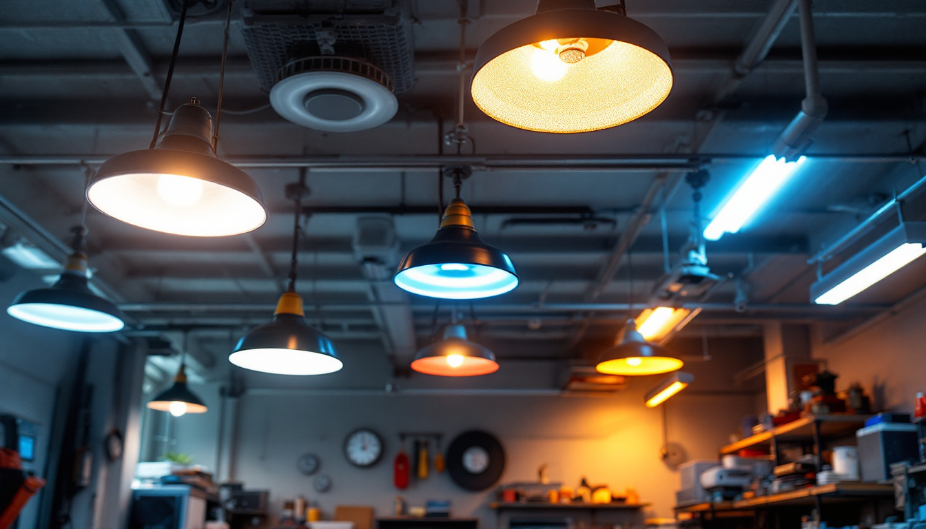 A photograph of a well-lit garage interior showcasing various styles of ceiling lights