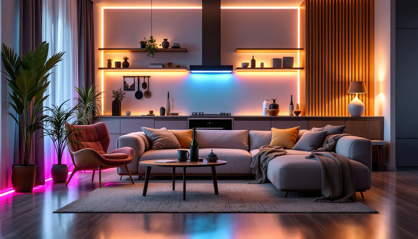 A photograph of a beautifully arranged scene featuring vibrant led tape lights illuminating a stylish interior space