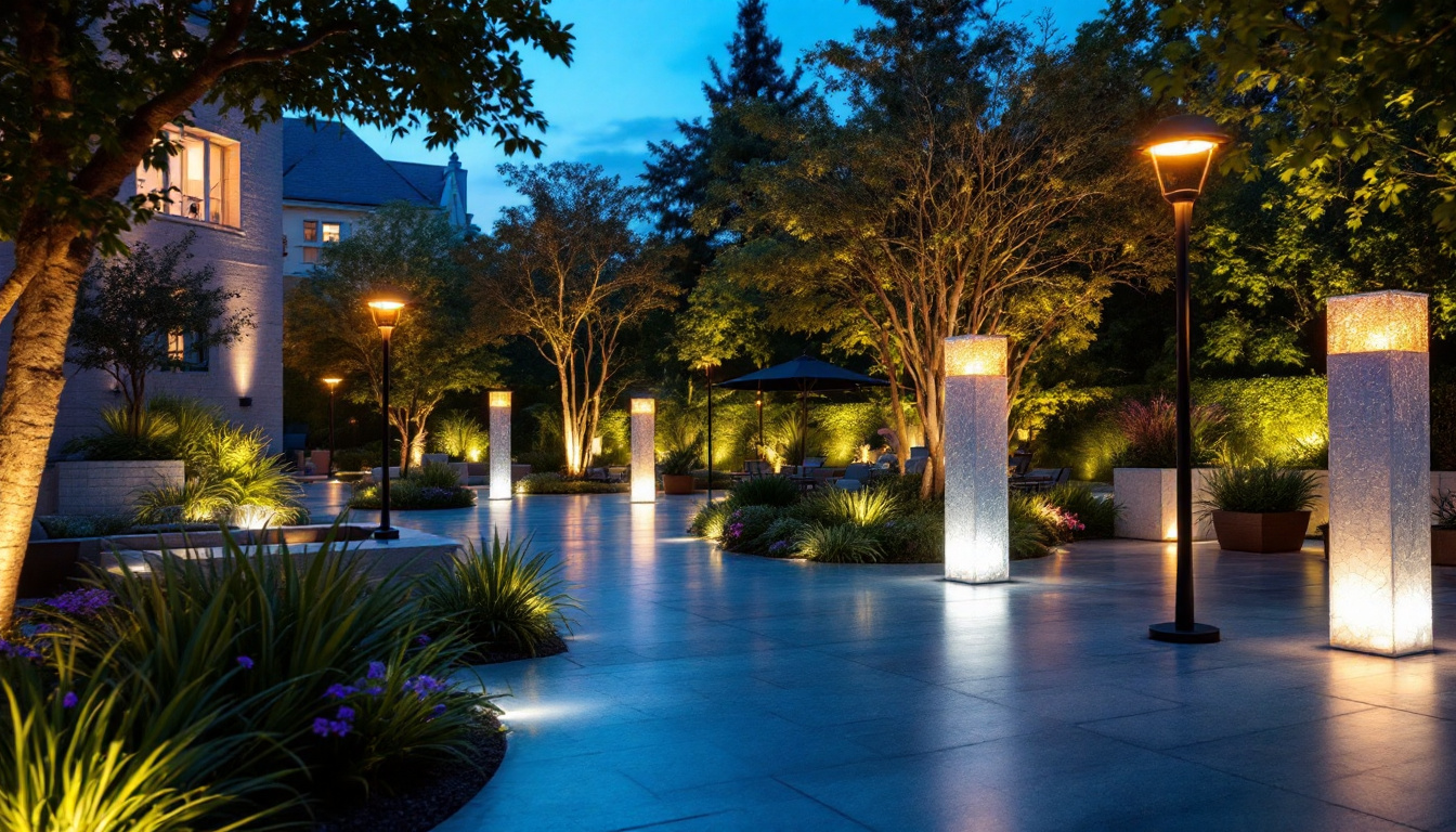 A photograph of a beautifully illuminated outdoor space featuring various lighting fixtures in use