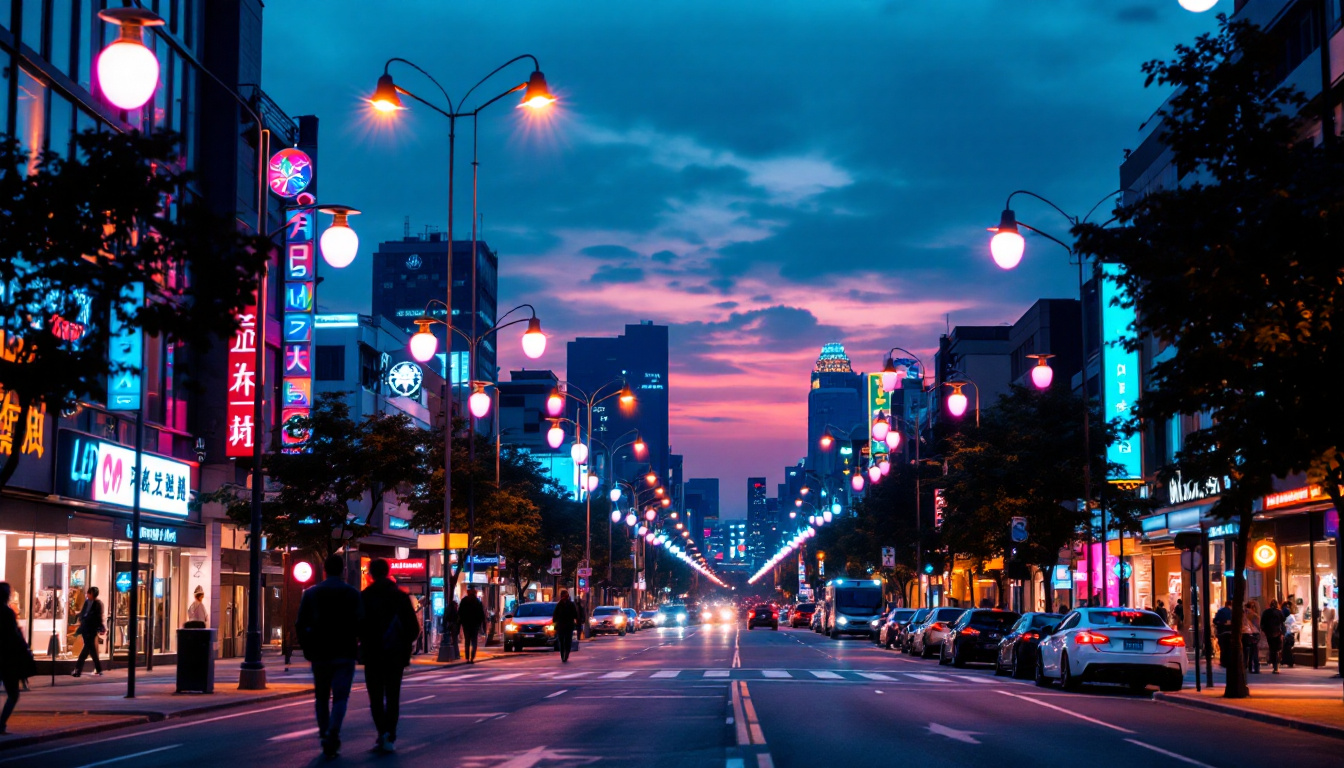 A photograph of a vibrant urban street scene at dusk