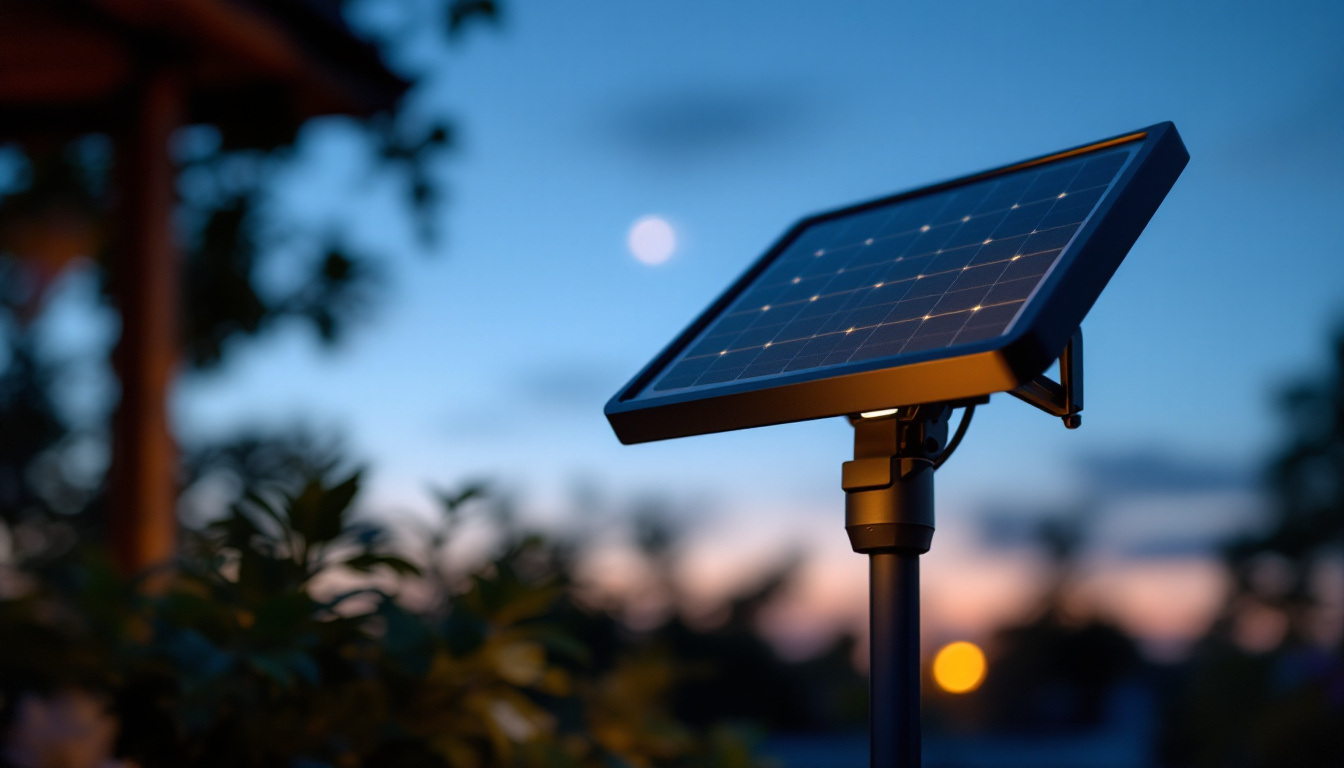 A photograph of a solar-powered flood light illuminating a garden or outdoor area at dusk