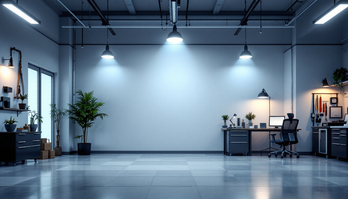 A photograph of a well-lit garage showcasing various types of lighting fixtures