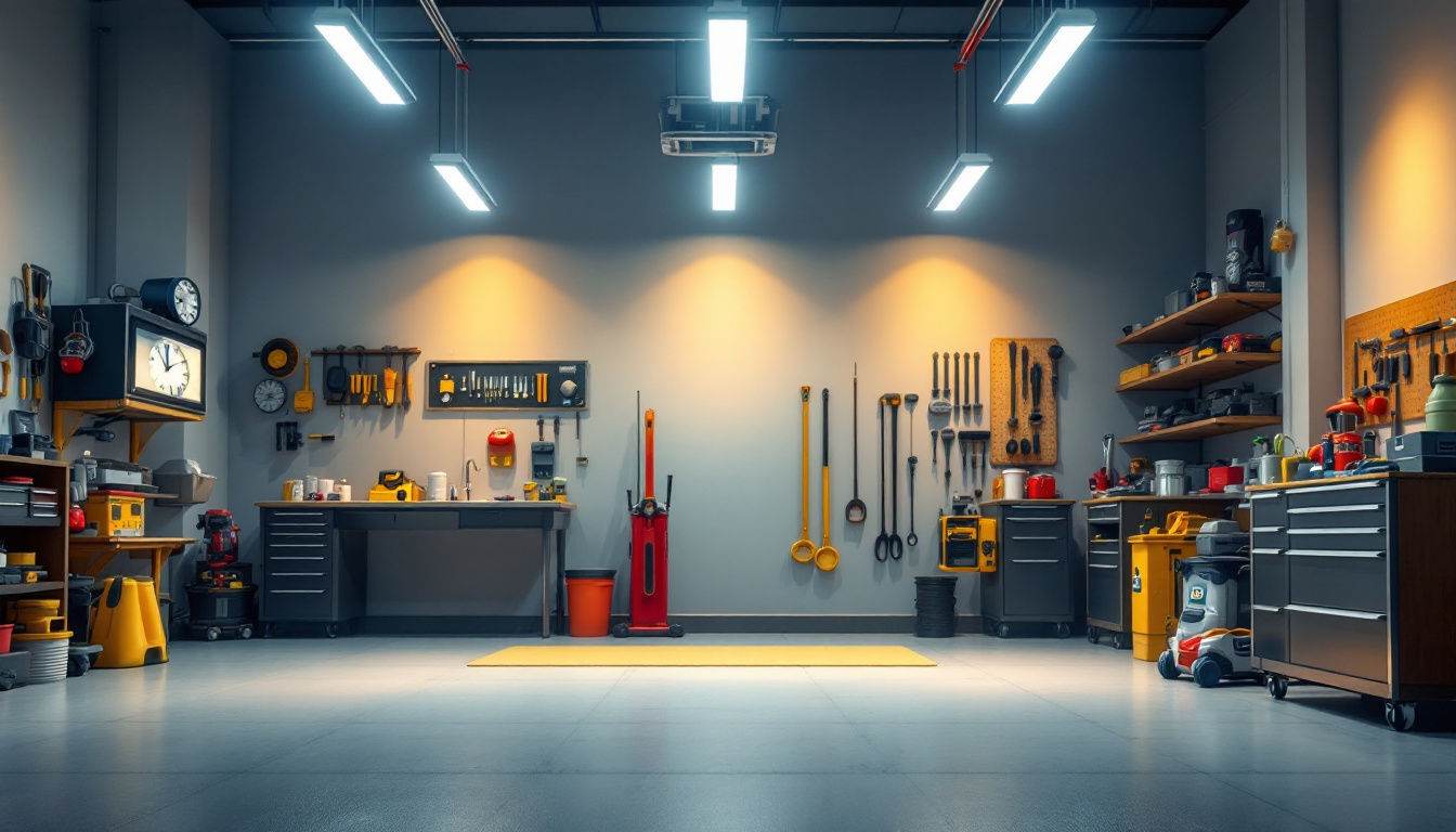 A photograph of a well-lit garage featuring modern led lights