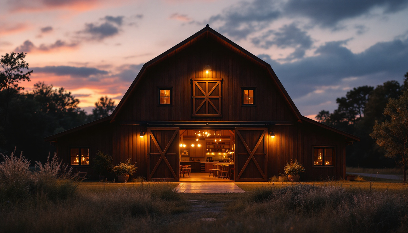 A photograph of a beautifully illuminated outdoor barn setting at dusk