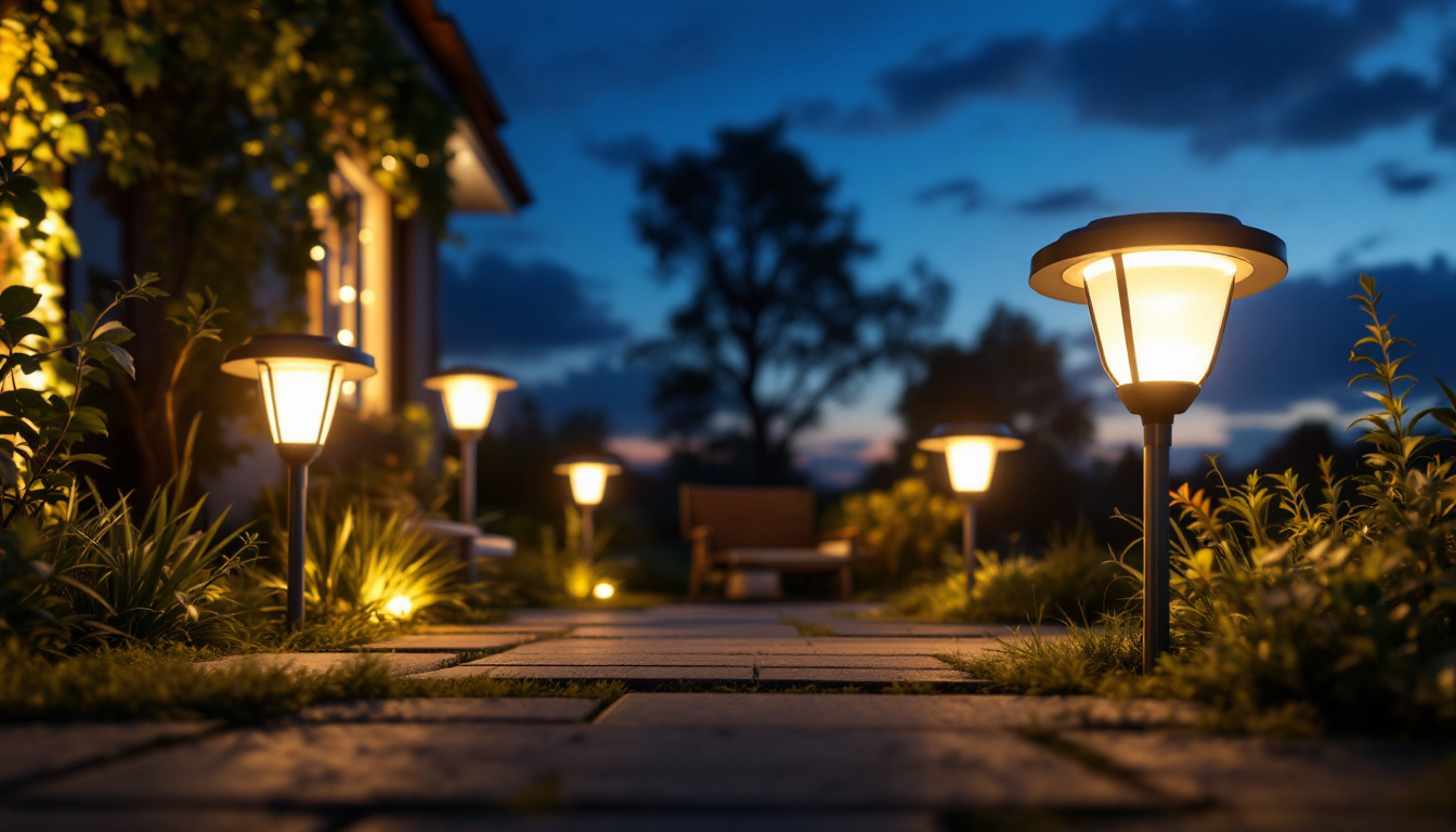 A photograph of a beautifully illuminated outdoor space showcasing various solar led lights in action
