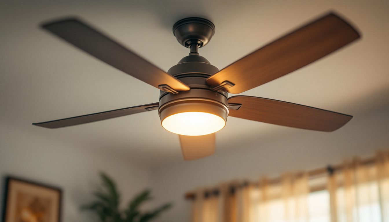 A photograph of a stylish overhead fan with an integrated light fixture
