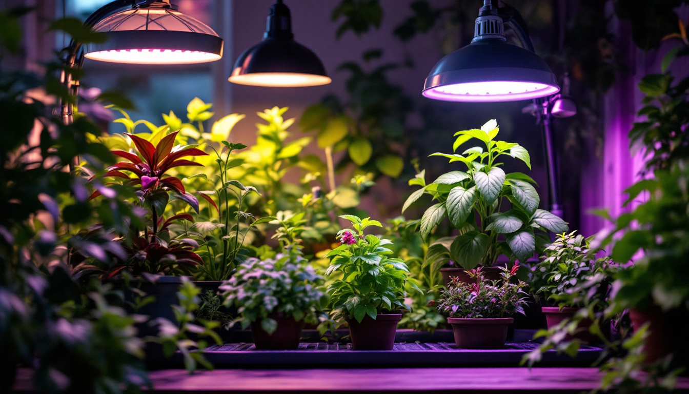 A photograph of a vibrant indoor garden setup illuminated by various types of grow lamps