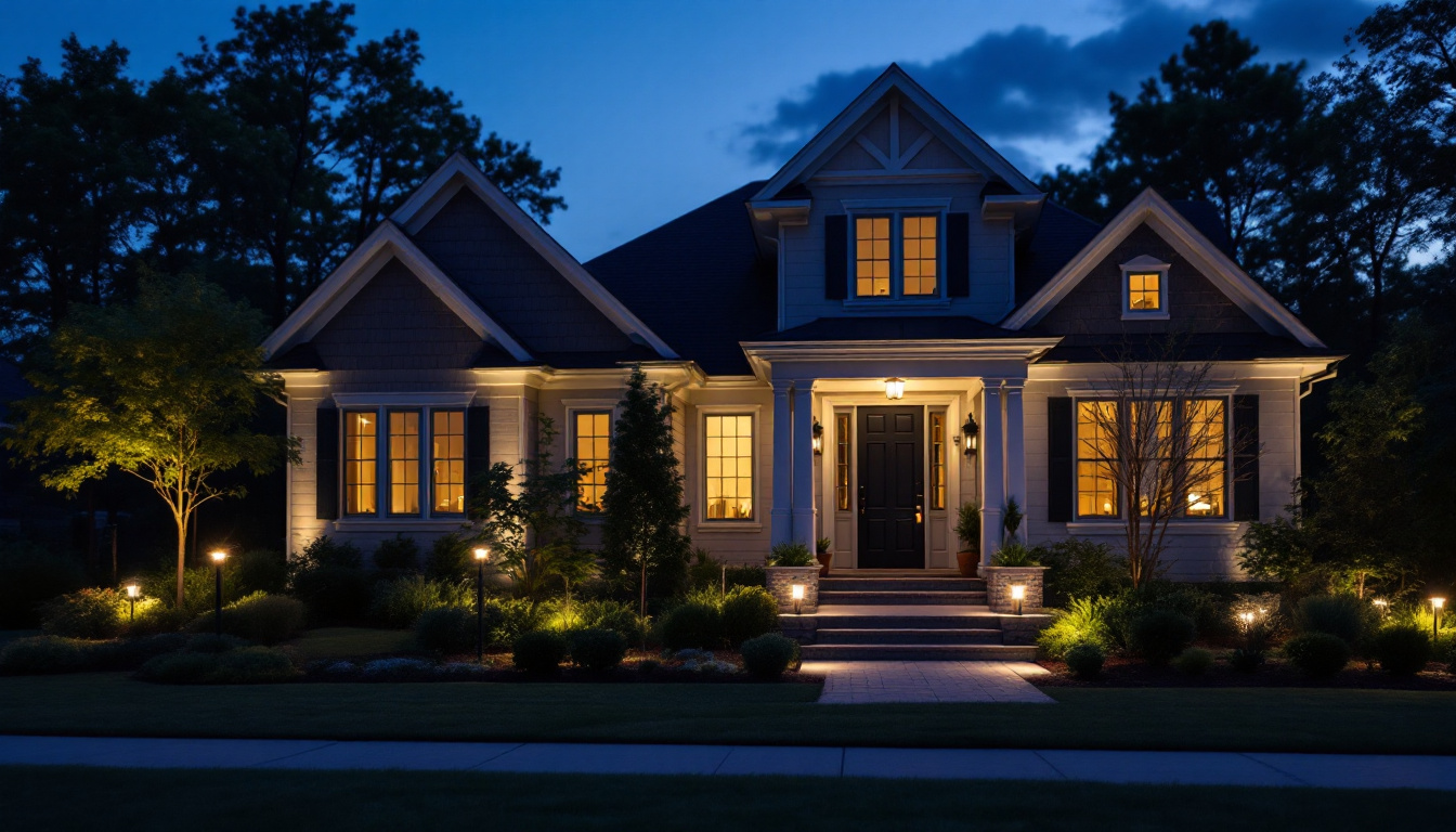A photograph of a beautifully illuminated home exterior at dusk