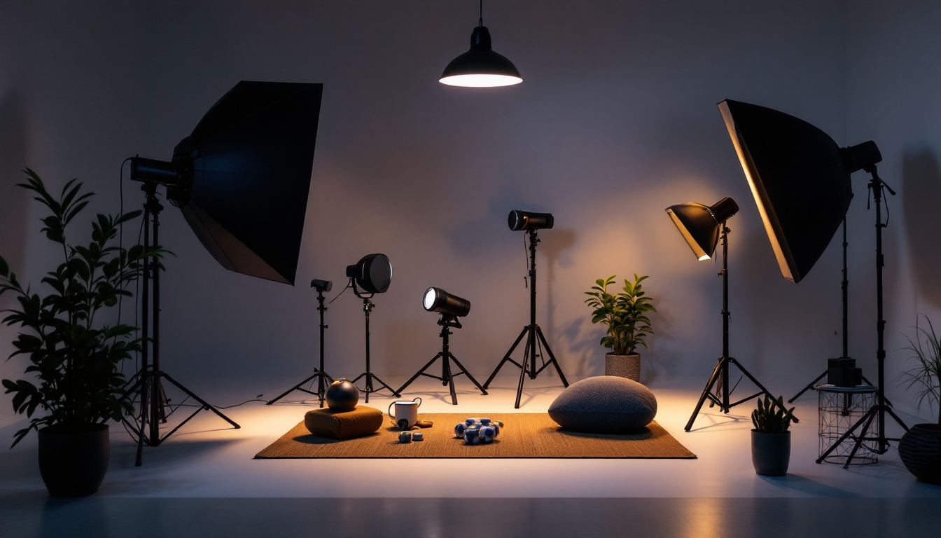 A photograph of a beautifully arranged lighting setup showcasing various types of light fixtures and their effects on a well-lit scene