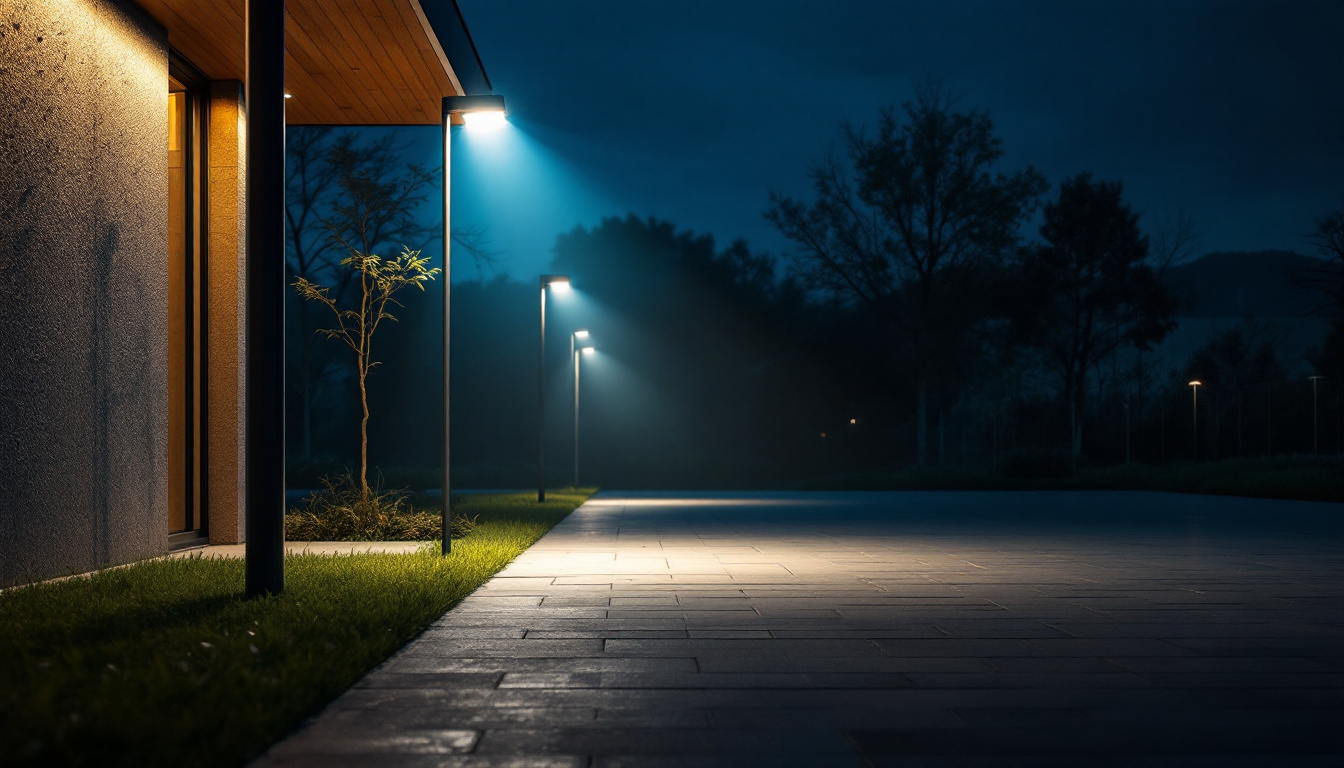 A photograph of a well-lit outdoor scene featuring block flood lights illuminating a specific area