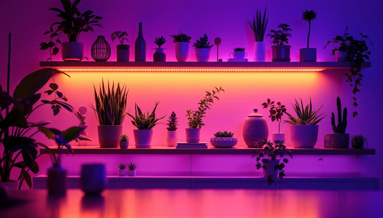 A photograph of a beautifully arranged shelf illuminated by soft uv lights