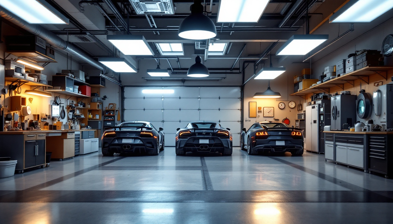 A photograph of a well-lit garage showcasing various types of led lighting fixtures in use