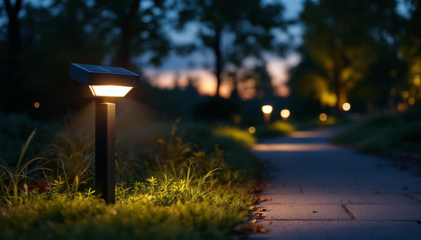 A photograph of a brightronic solar sign light illuminating a well-marked pathway or sign in a serene outdoor setting during dusk