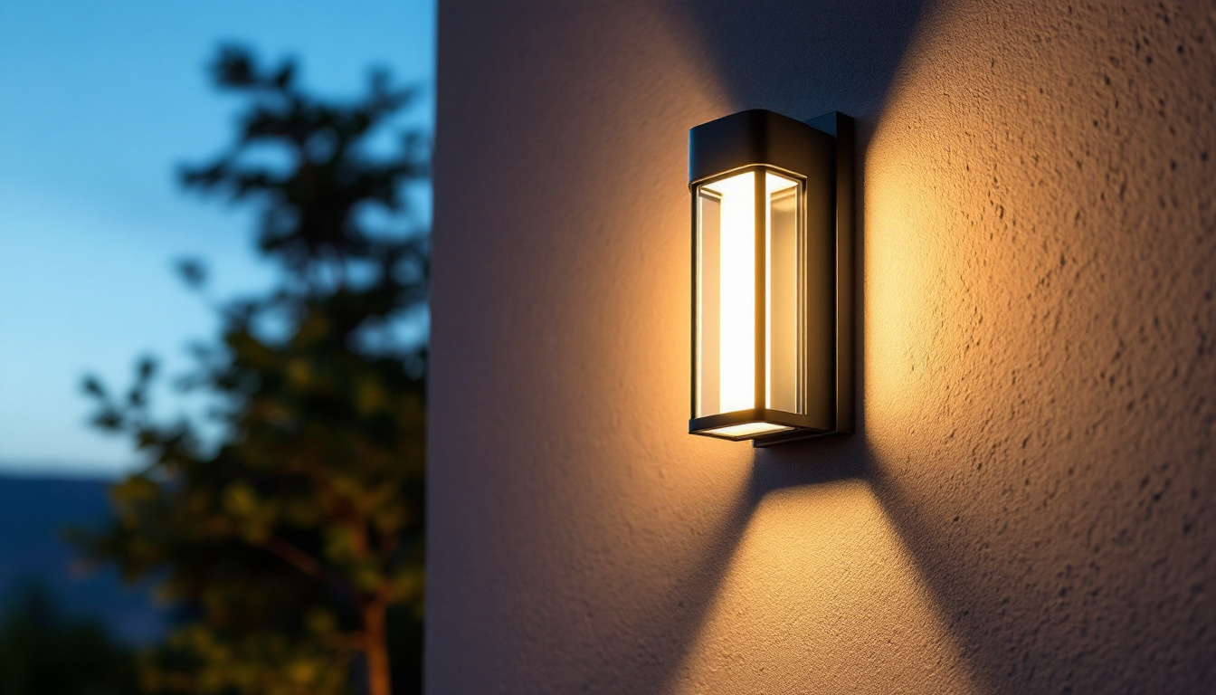 A photograph of a stylish exterior solar sconce mounted on a well-lit outdoor wall