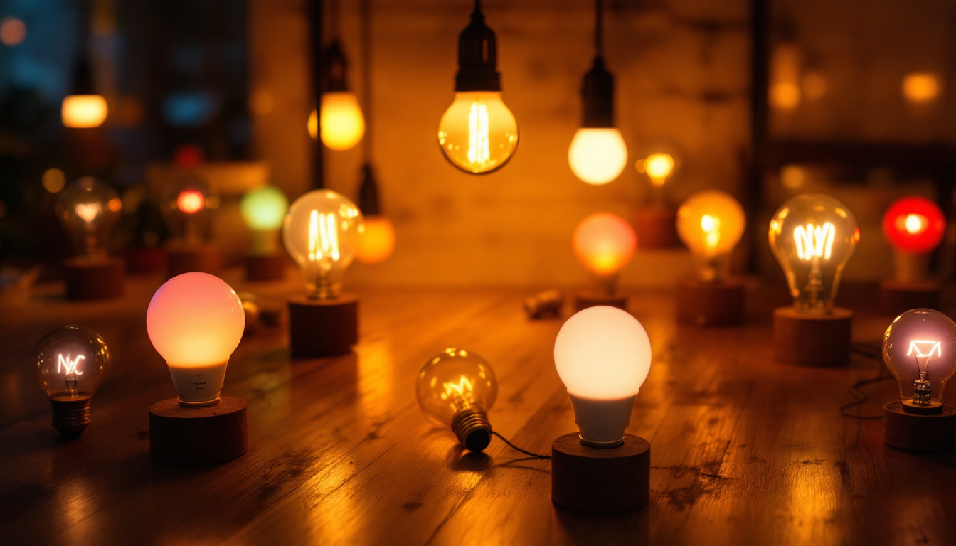 A photograph of a beautifully arranged display of various 19 bulbs in different lighting settings