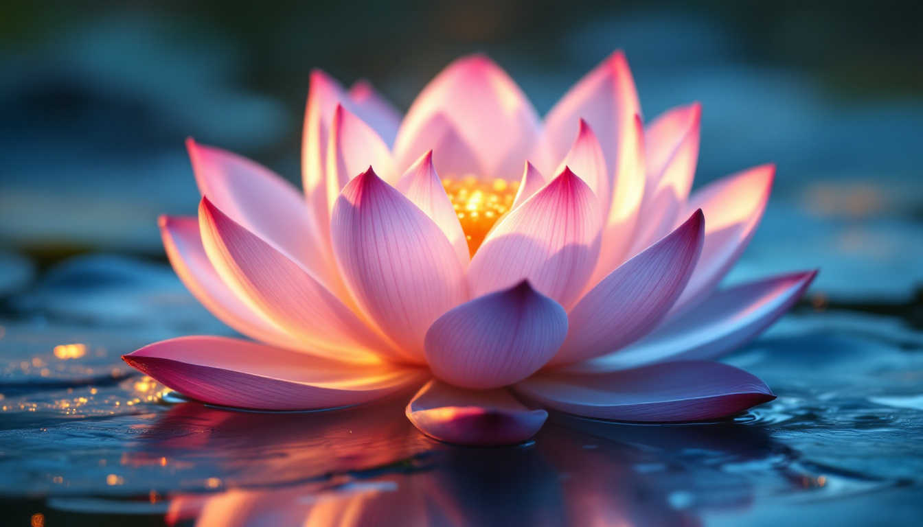 A photograph of a serene lotus flower illuminated by soft