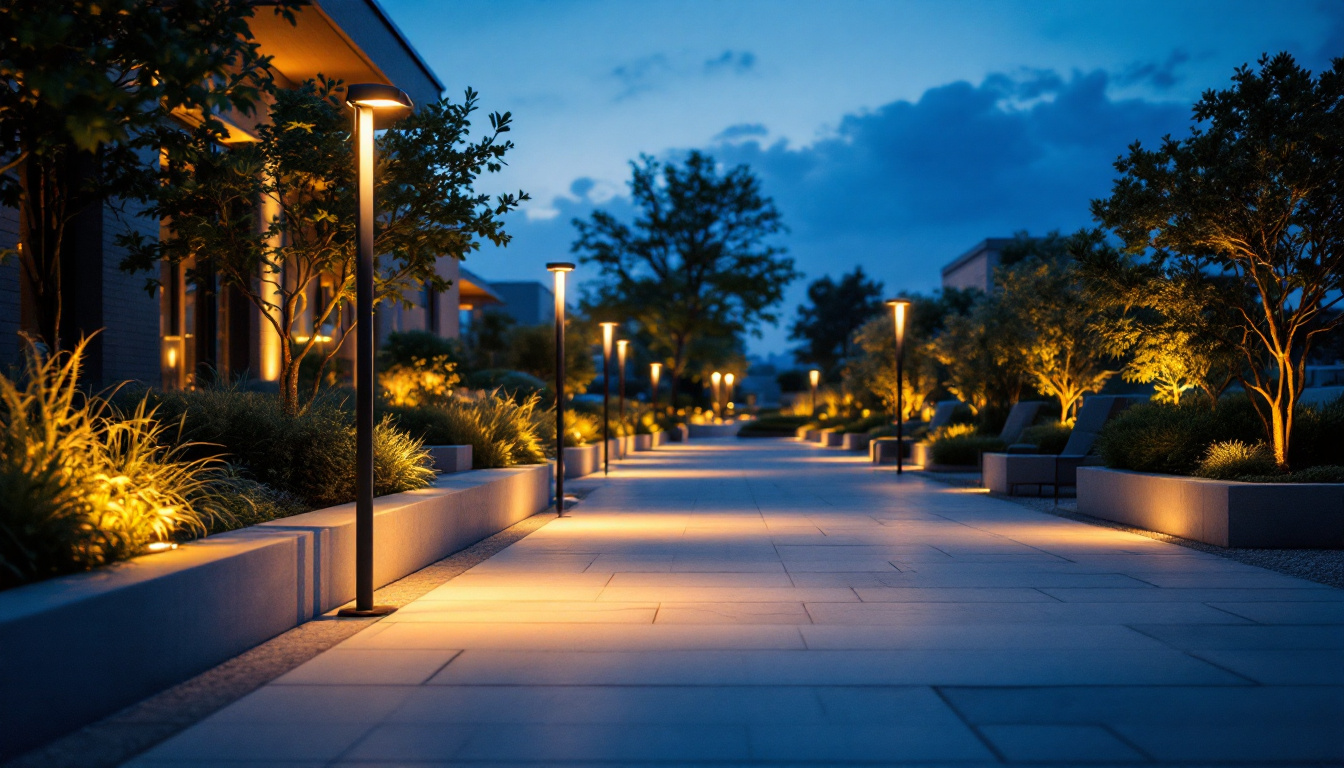 A photograph of a beautifully illuminated outdoor space featuring strategically placed sensor lights