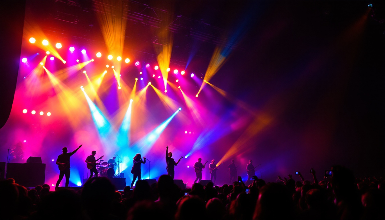 A photograph of a vibrant concert scene showcasing dynamic stage lighting effects