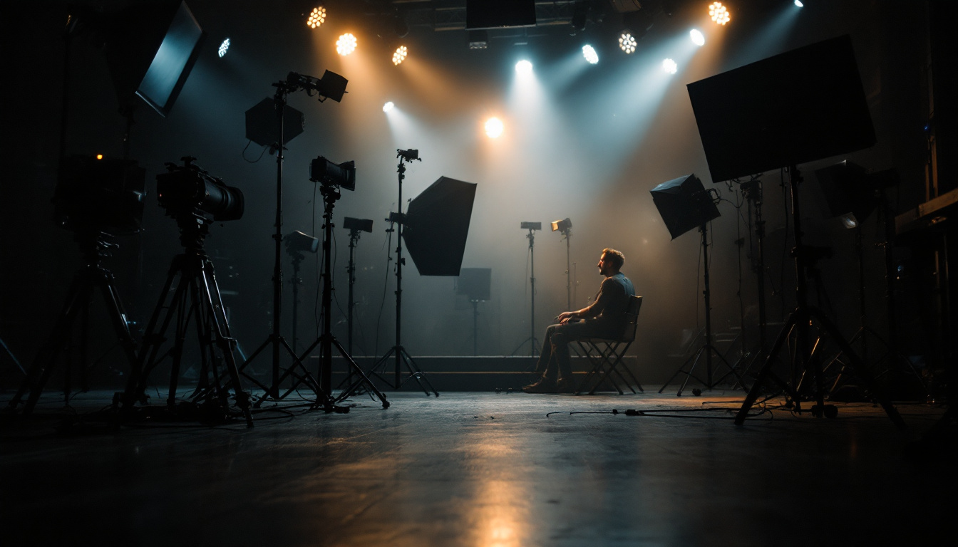 A photograph of a well-lit film set showcasing various lighting equipment and techniques in use
