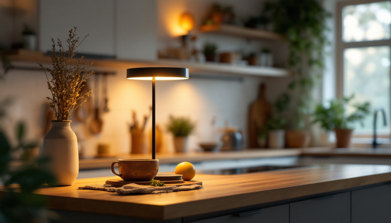A photograph of a beautifully designed island lamp in a cozy