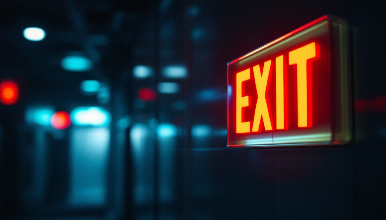 A photograph of a glowing exit sign illuminated in a dimly lit environment
