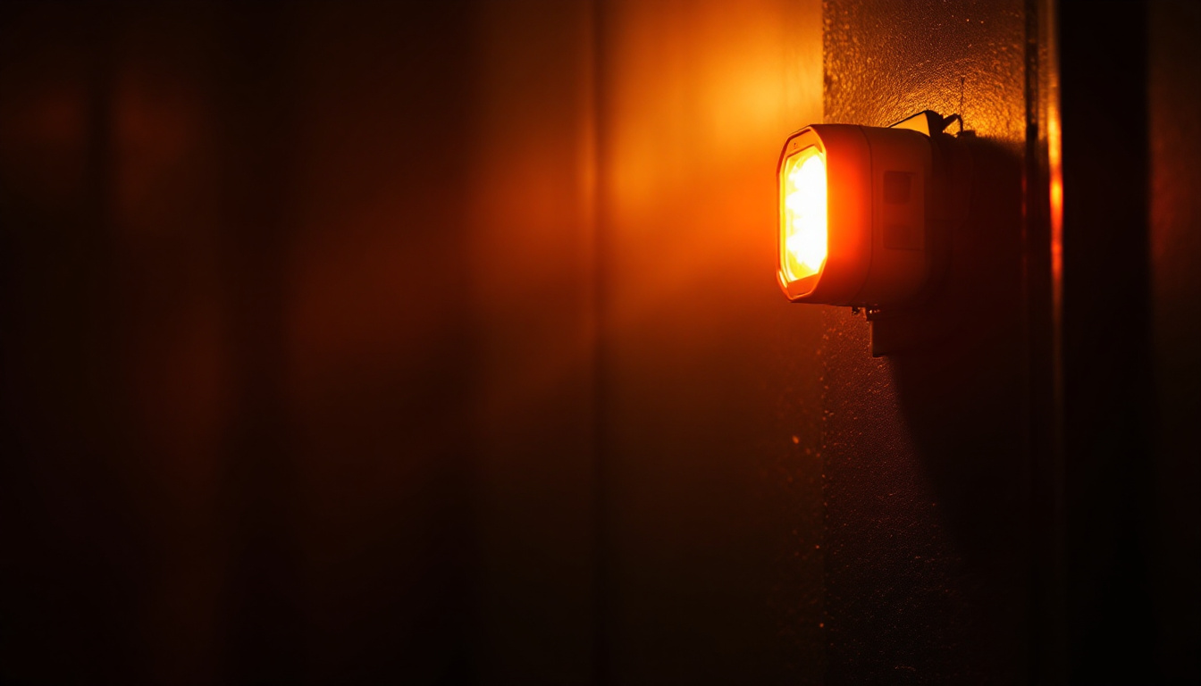 A photograph of a dimly lit environment illuminated by a vibrant emergency light