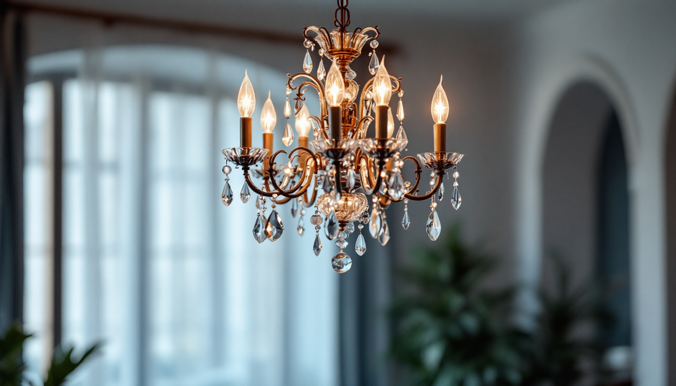 A photograph of a beautifully designed chandelier hanging elegantly in a well-lit room