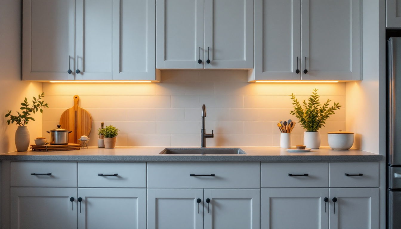 A photograph of a beautifully designed kitchen featuring under cabinet lighting that highlights the workspace