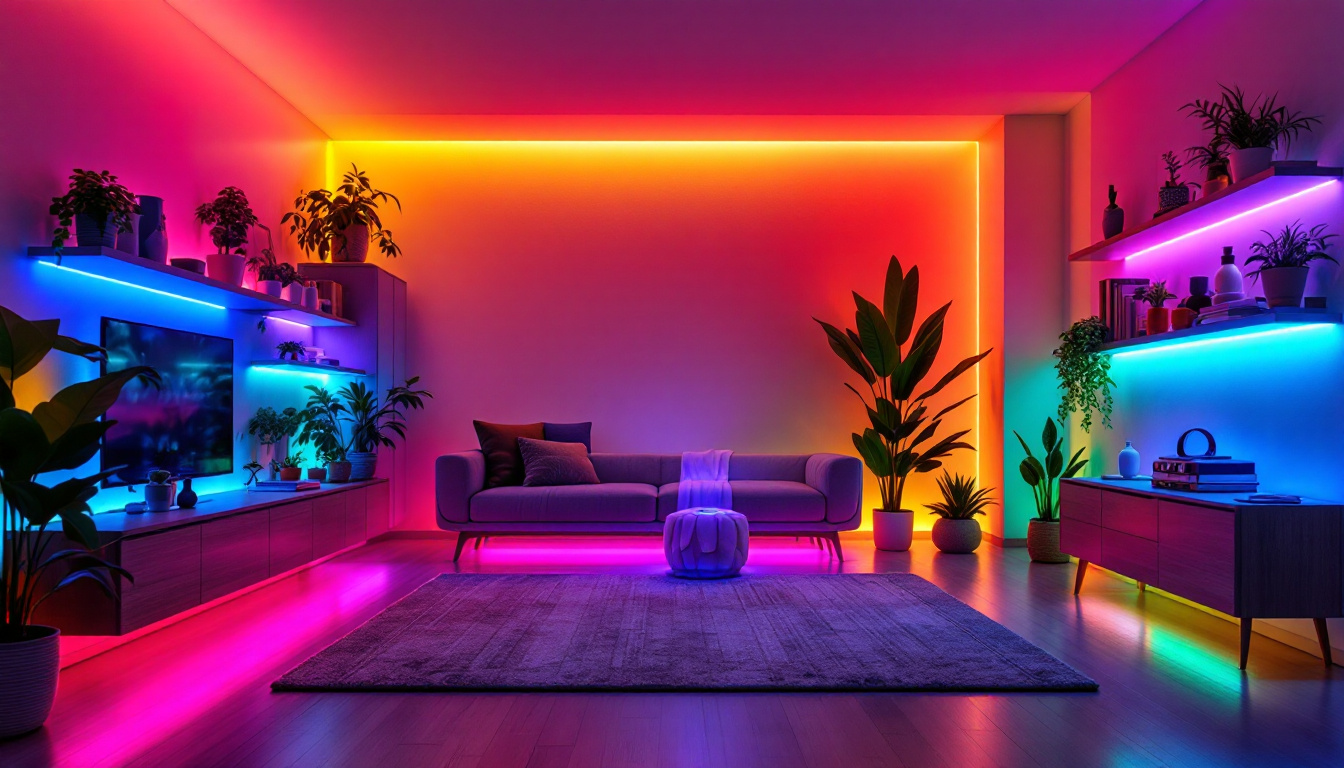 A photograph of a beautifully lit room showcasing vibrant led light strips in various colors