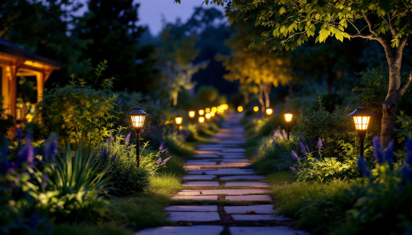 A photograph of a beautifully illuminated garden or pathway at dusk