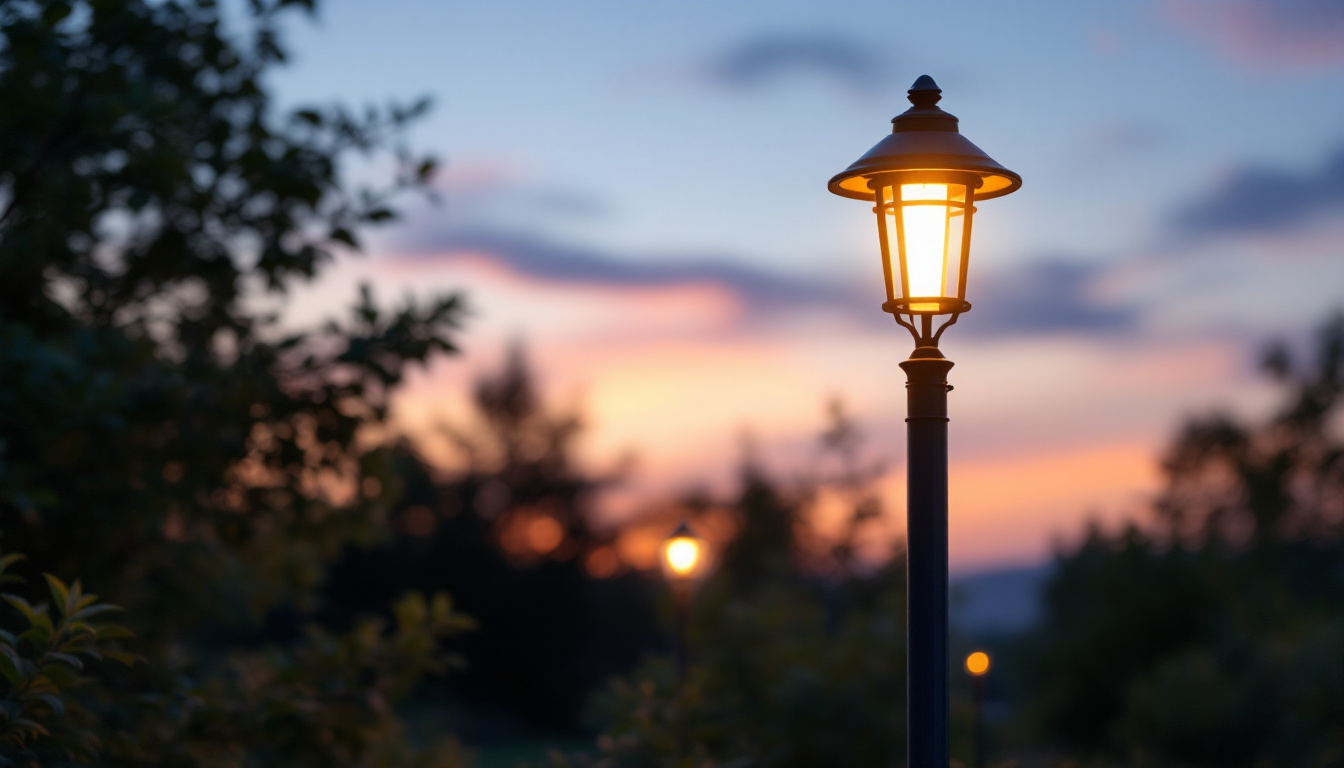 A photograph of a beautifully illuminated solar light post in a serene outdoor setting during twilight