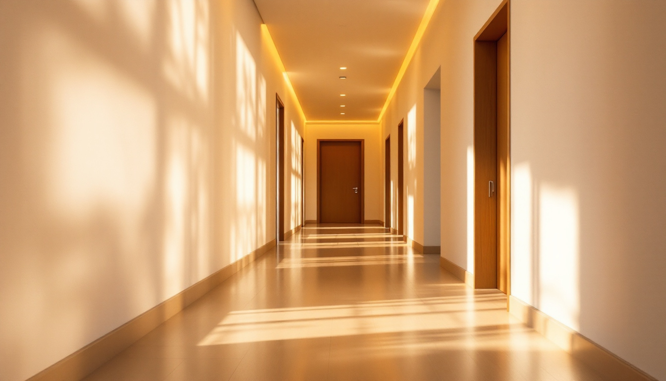 A photograph of a beautifully designed hallway illuminated by soft