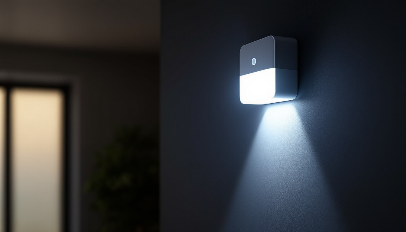 A photograph of a sleek led motion sensor light installed in a dimly lit space