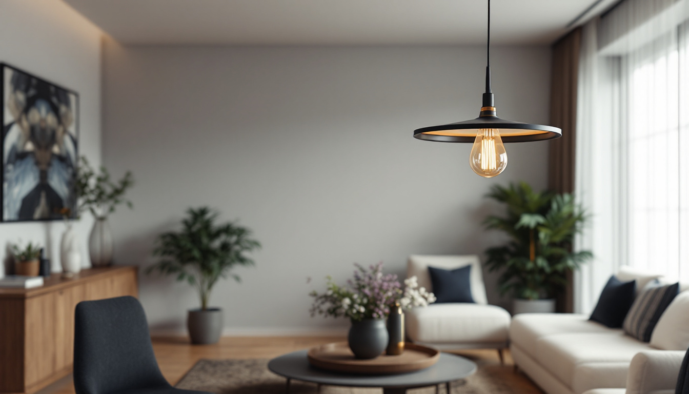 A photograph of a stylish contemporary pendant light hanging in a well-designed living space
