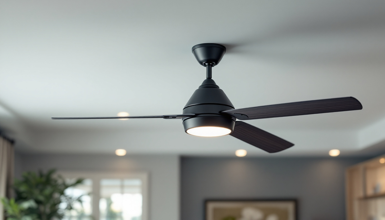 A photograph of capture a photograph of an elegantly designed ceiling fan with integrated lighting