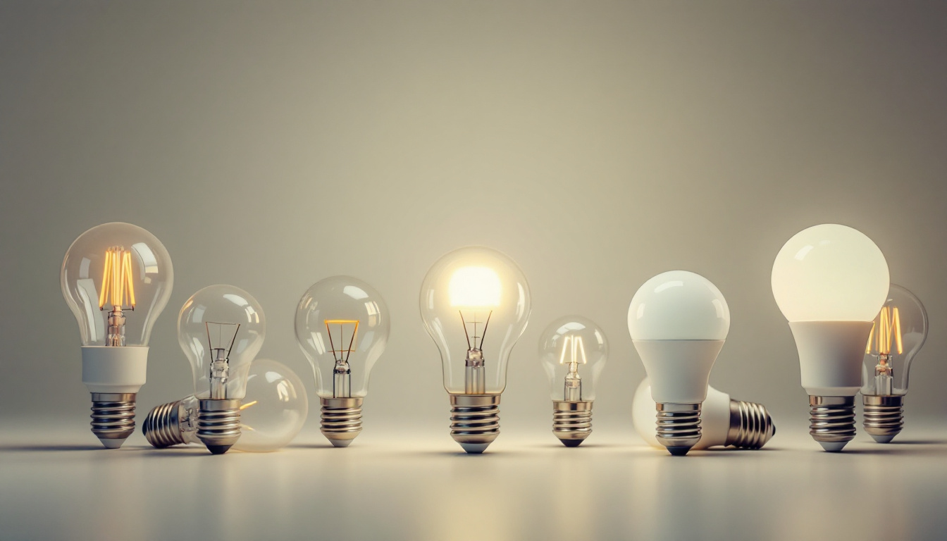 A photograph of a well-lit display featuring various light bulbs with different base types arranged aesthetically