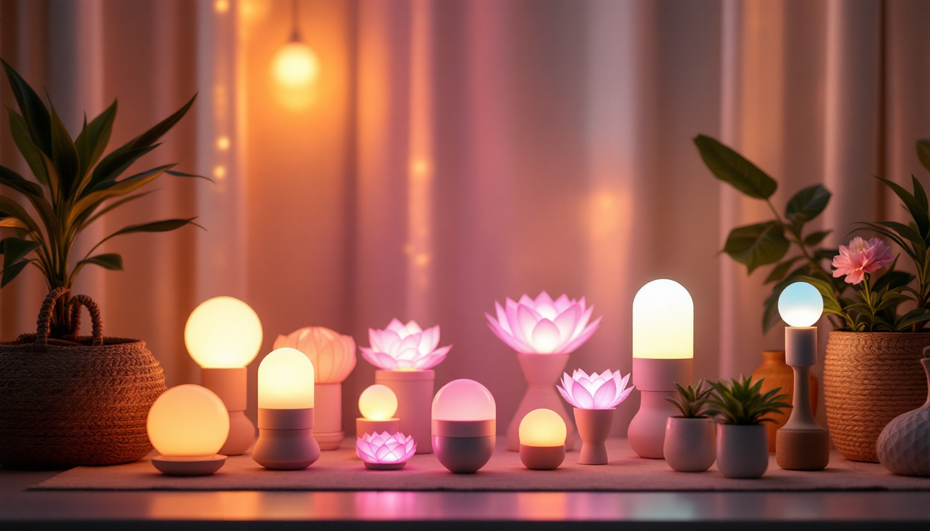 A photograph of a beautifully arranged display of various lotus led lights in different settings